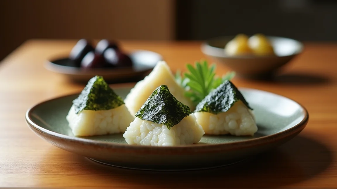 皿に並べたのり巻きの三角おにぎり