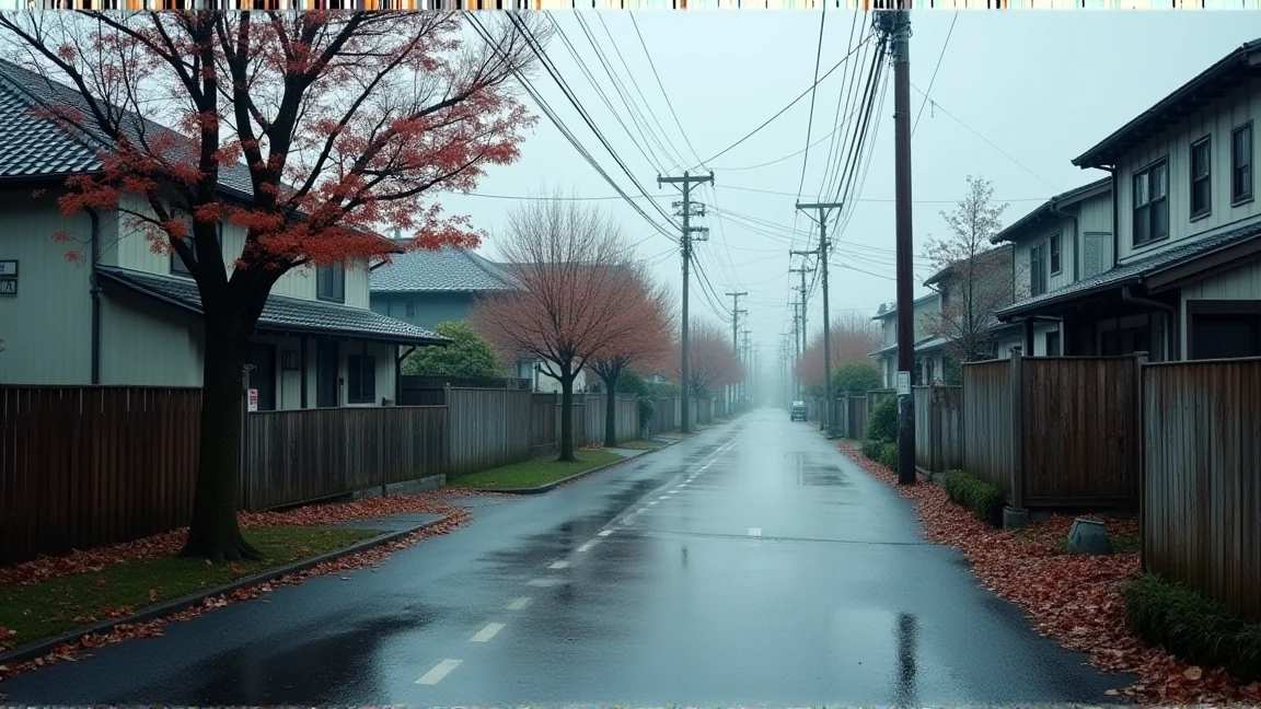 秋雨が降る静かな住宅街の道路