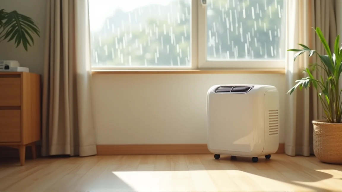 雨の日の部屋で運転する除湿機と湿度計