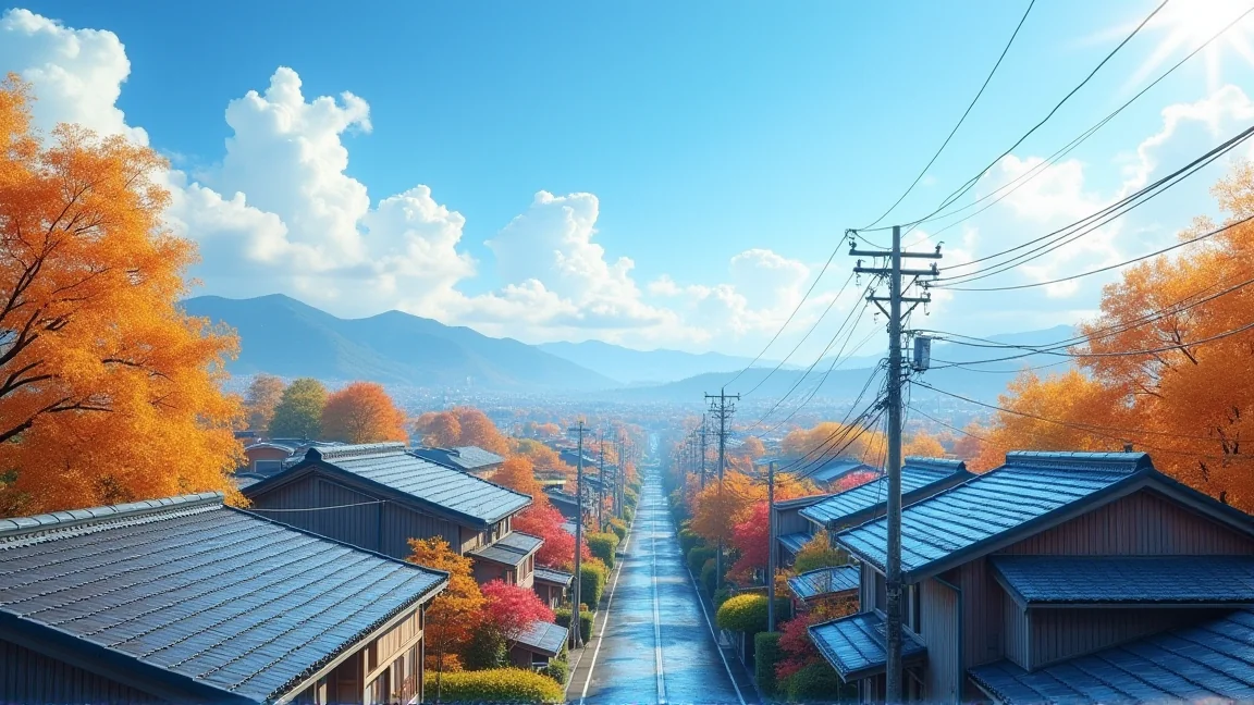 雨上がりの秋晴れの空と色づき始めた木々