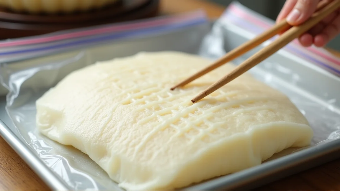 保存袋に薄く平らに入れたとろろに菜箸で筋をつける様子