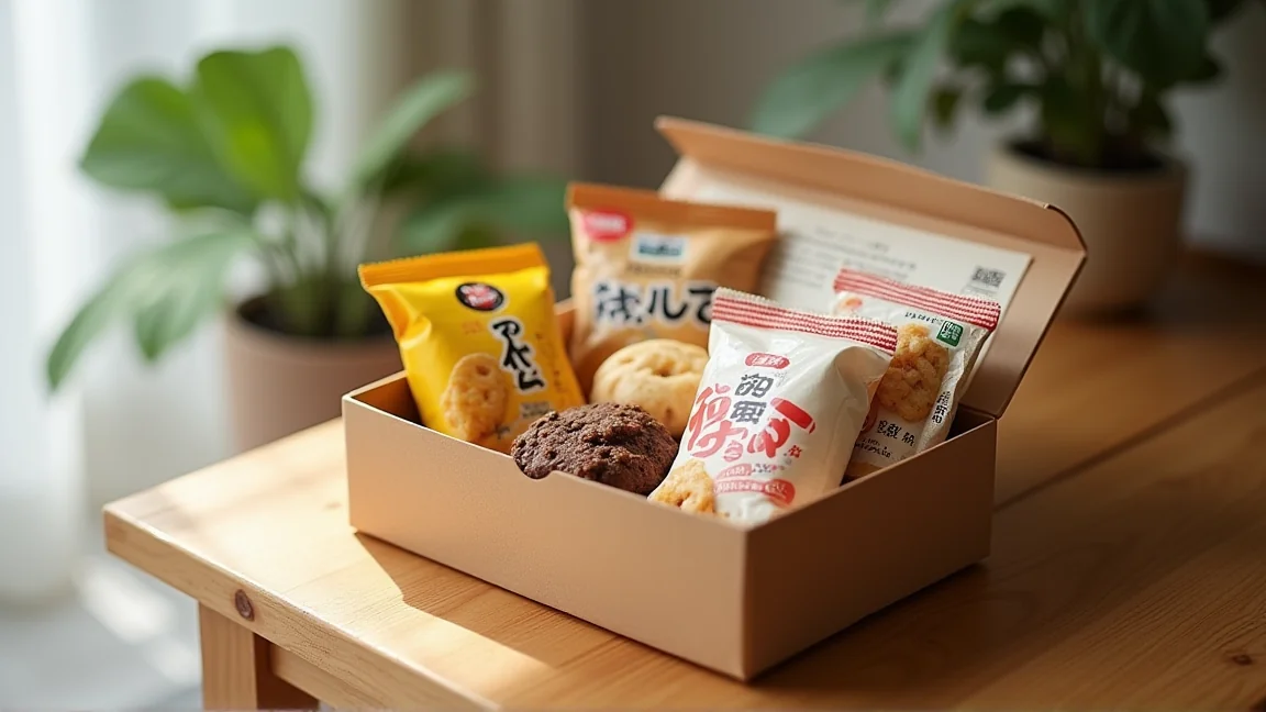 テーブルに並べた個包装の焼き菓子やせんべいの詰め合わせ