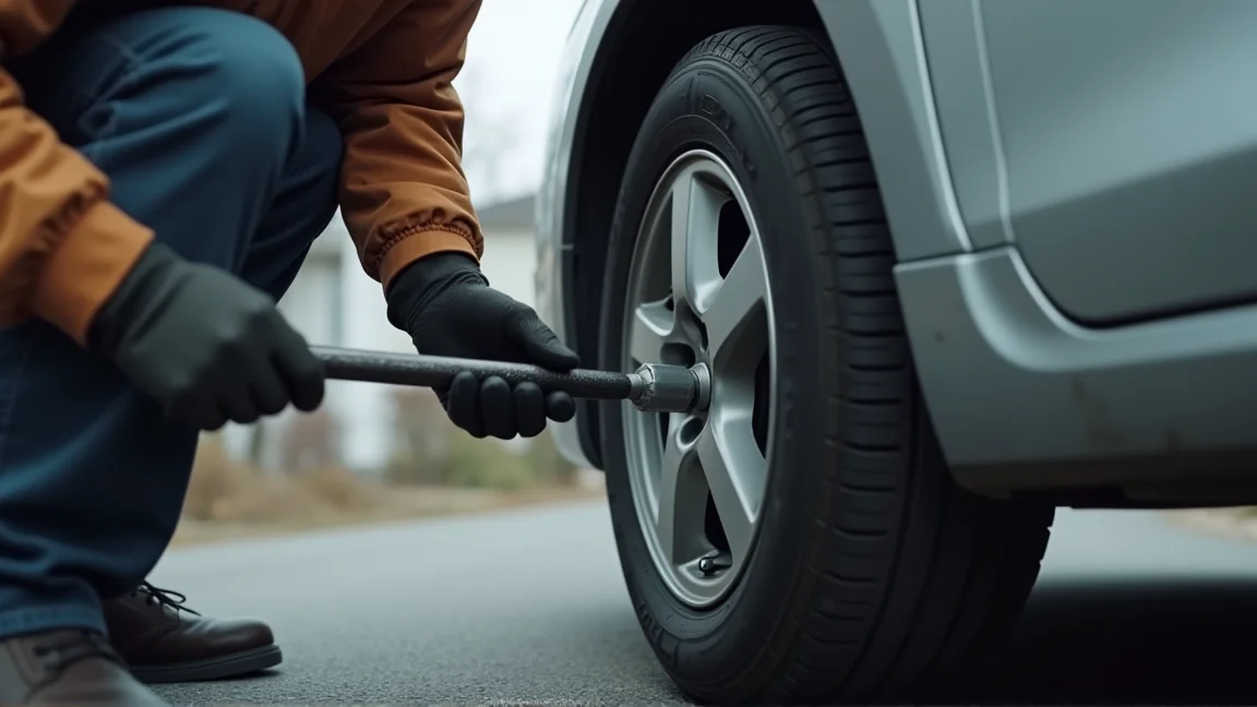 トルクレンチでホイールナットを締める手元