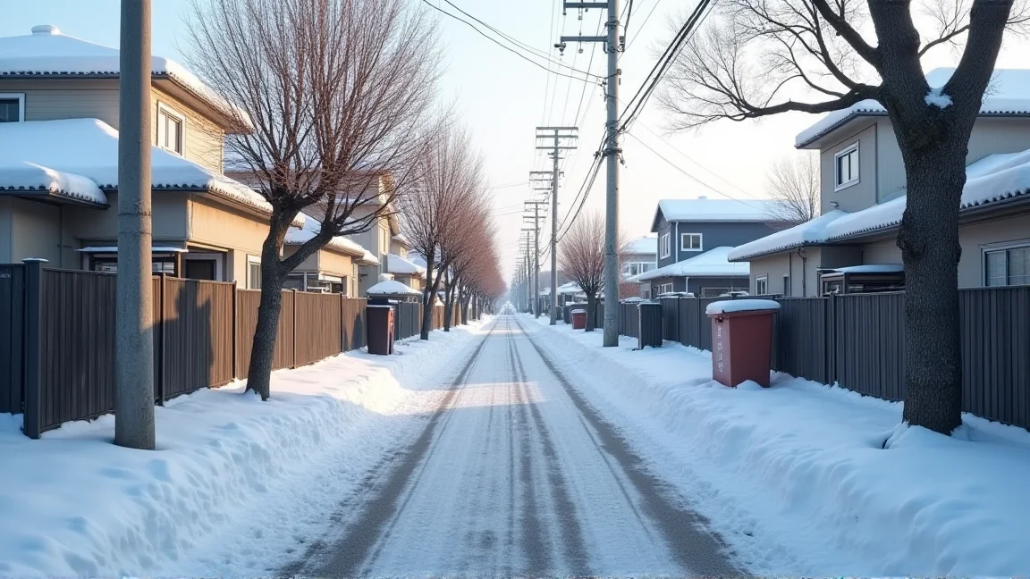 うっすら雪が積もった早朝の住宅街の道路