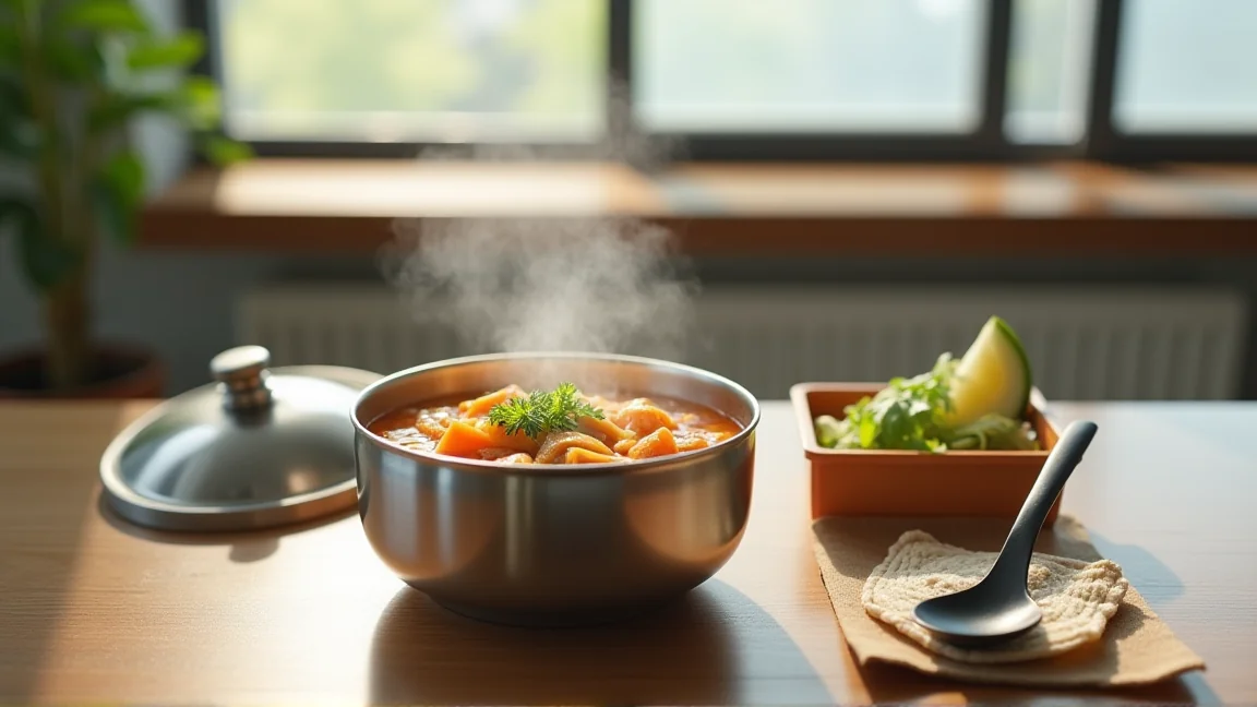 職場のデスクでふたを開けたスープジャーと小さなお弁当