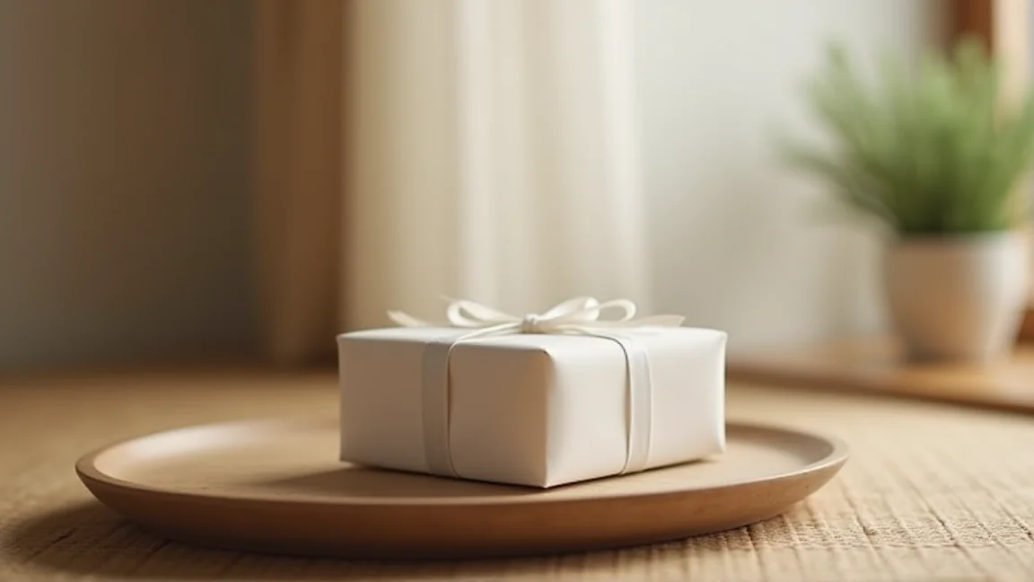 飾りのない白い包装紙で包んだ落ち着いた贈答品