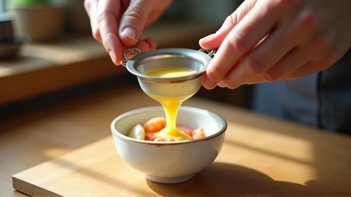 茶こしでこしながら卵液を器に注ぐ手元