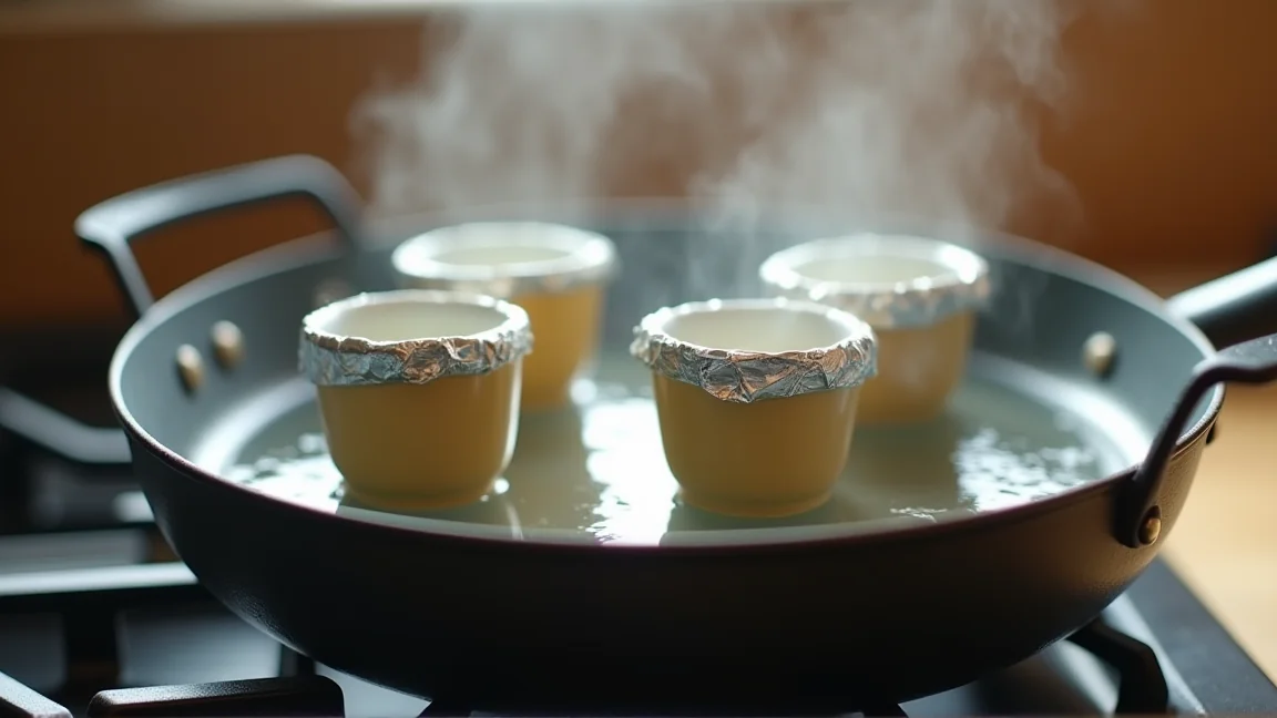 深めのフライパンに湯を張って茶碗蒸しの器を並べた様子