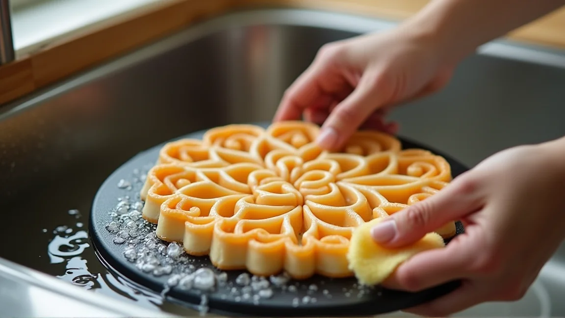 たこ焼きプレートの穴をやわらかいスポンジで洗う手元