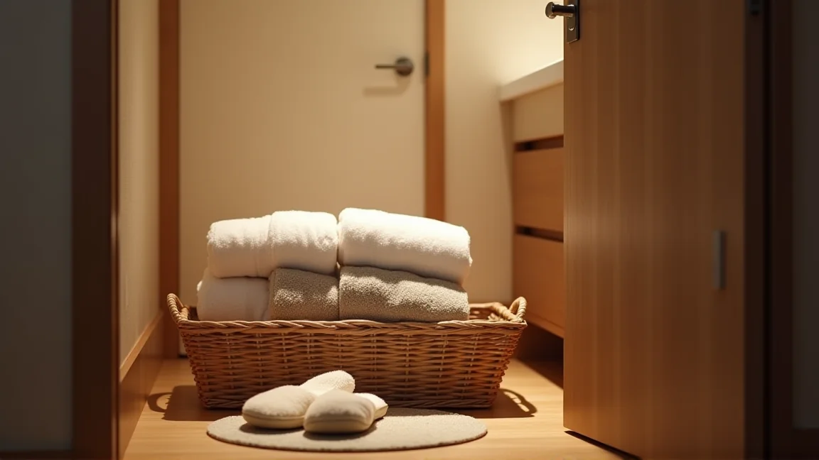 冬の脱衣所に用意したバスタオルと着替え