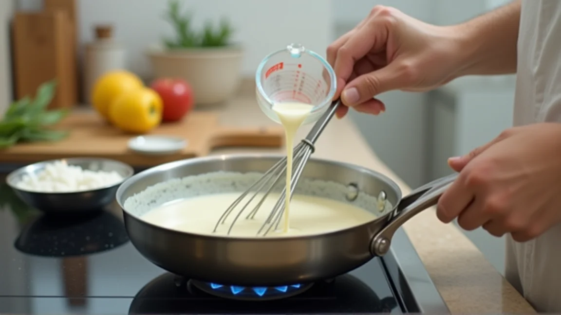 泡立て器で混ぜながら牛乳を少しずつ加えて分離したソースを戻す手元