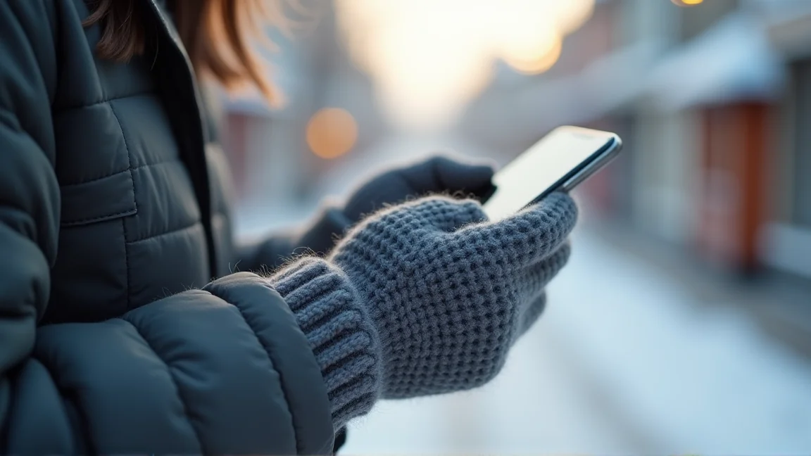 スマホ対応手袋をはめた指先で画面に触れる手元