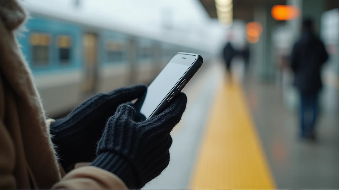 駅のホームで手袋をしたままスマホを持つ手元