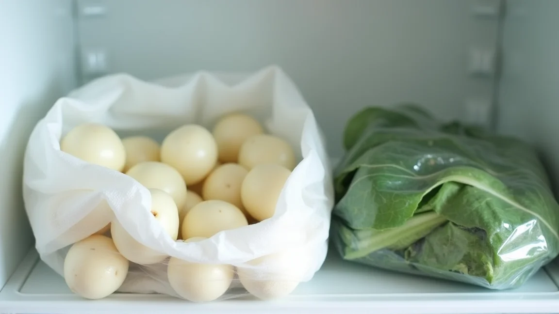 紙で包んだかぶの実と、湿らせたペーパーで包んだ葉を別々の袋に入れて野菜室にしまったところ