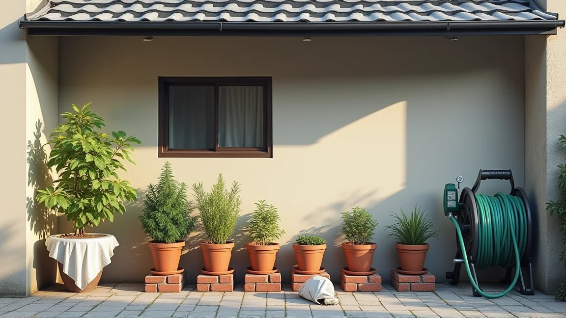 軒下の壁ぎわに寄せて不織布をかけた鉢植えと巻いたホース