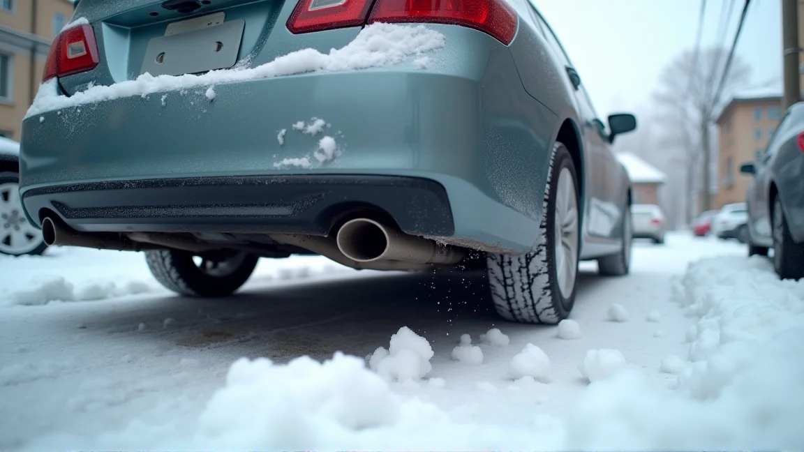 雪が積もった駐車場で、マフラーの周りの雪がよけられた車の後ろ側