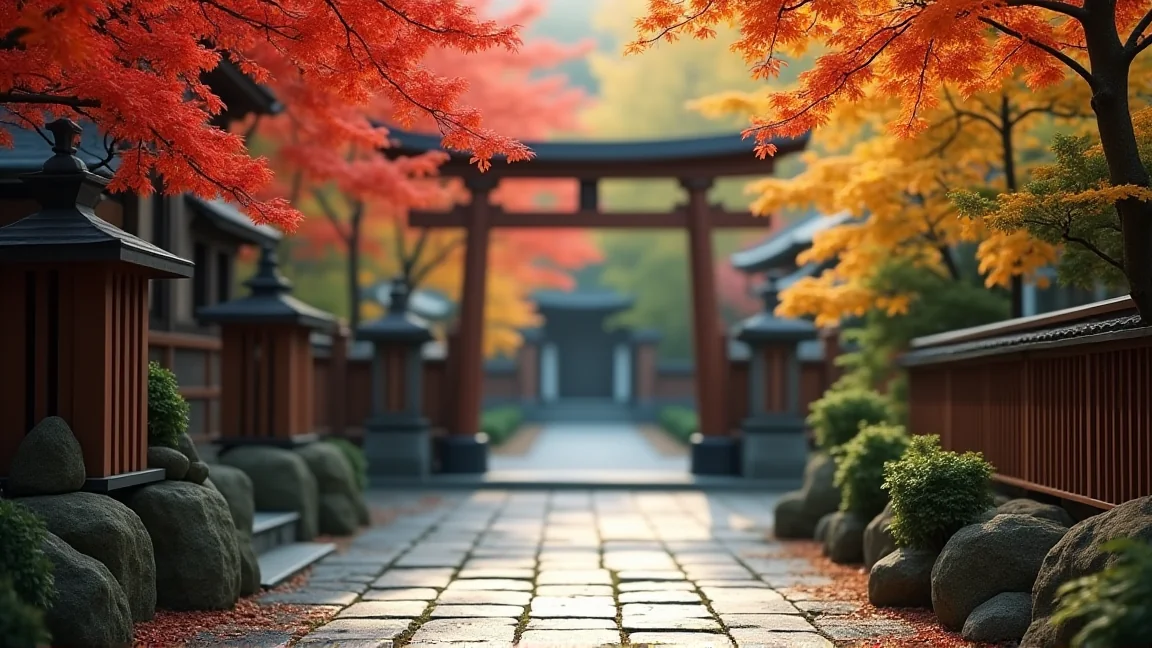 紅葉の季節の神社の参道