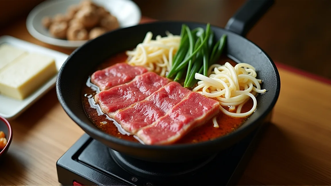 鉄鍋で煮えるすき焼きの牛肉と長ねぎ・焼き豆腐・春菊