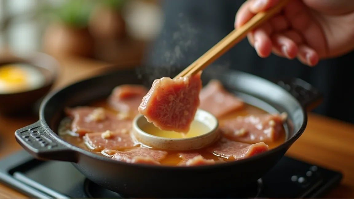 溶き卵にくぐらせたすき焼きの牛肉