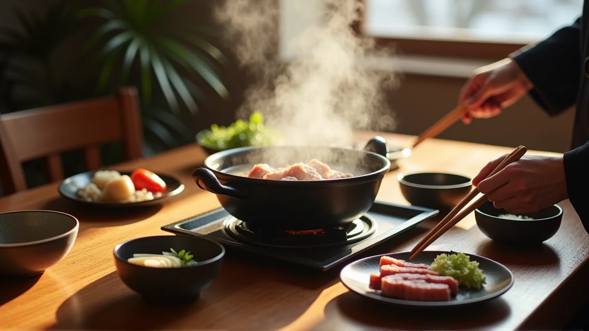寒い季節の食卓に並ぶすき焼き鍋と取り皿
