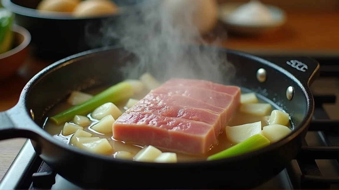 青い部分と生姜を入れて豚肉を下ゆでしている鍋