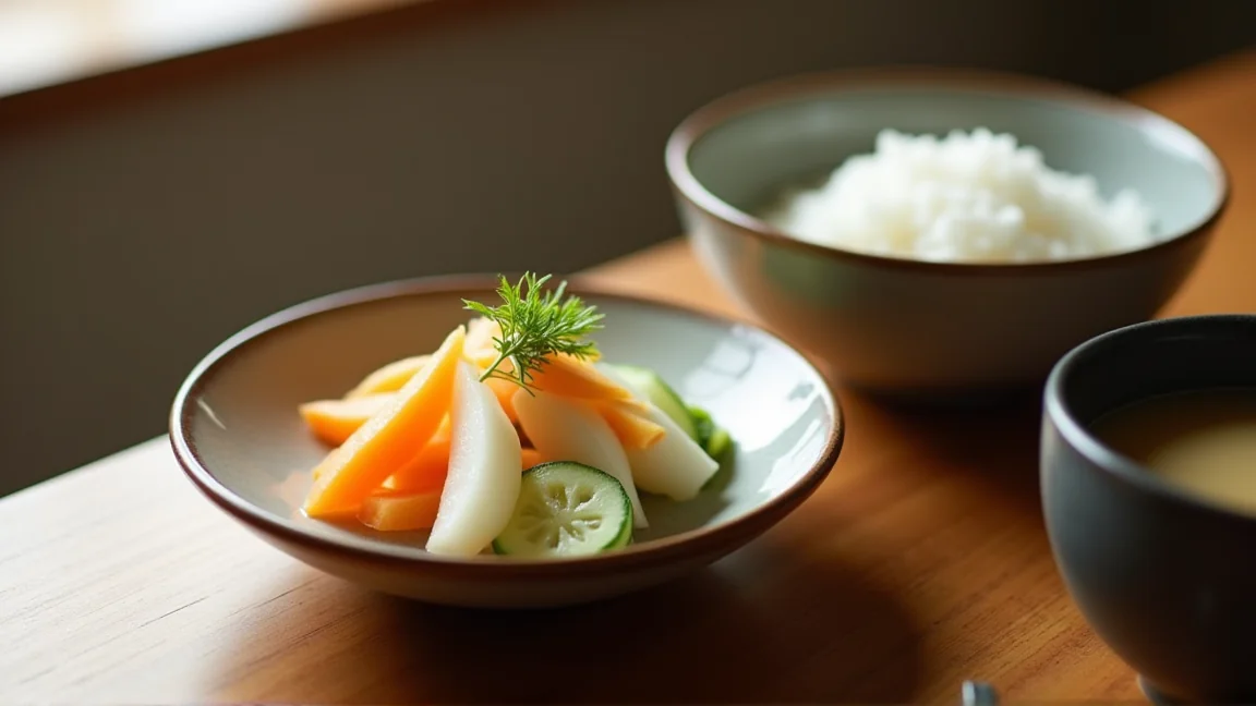 食卓に並べた冬野菜のぬか漬けとごはん