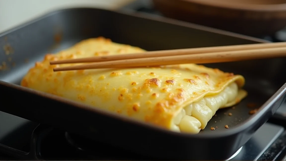 卵焼き器の中で巻く途中に破れてしまった卵焼き
