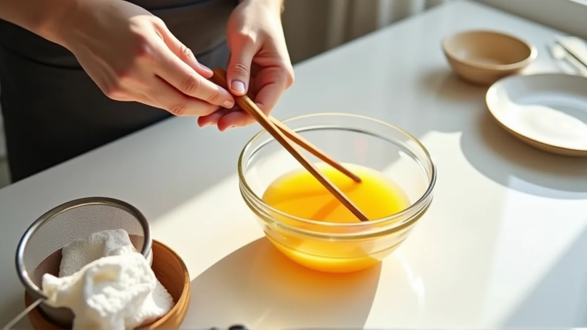 ボウルに割り入れた卵を菜箸で溶きほぐす手元
