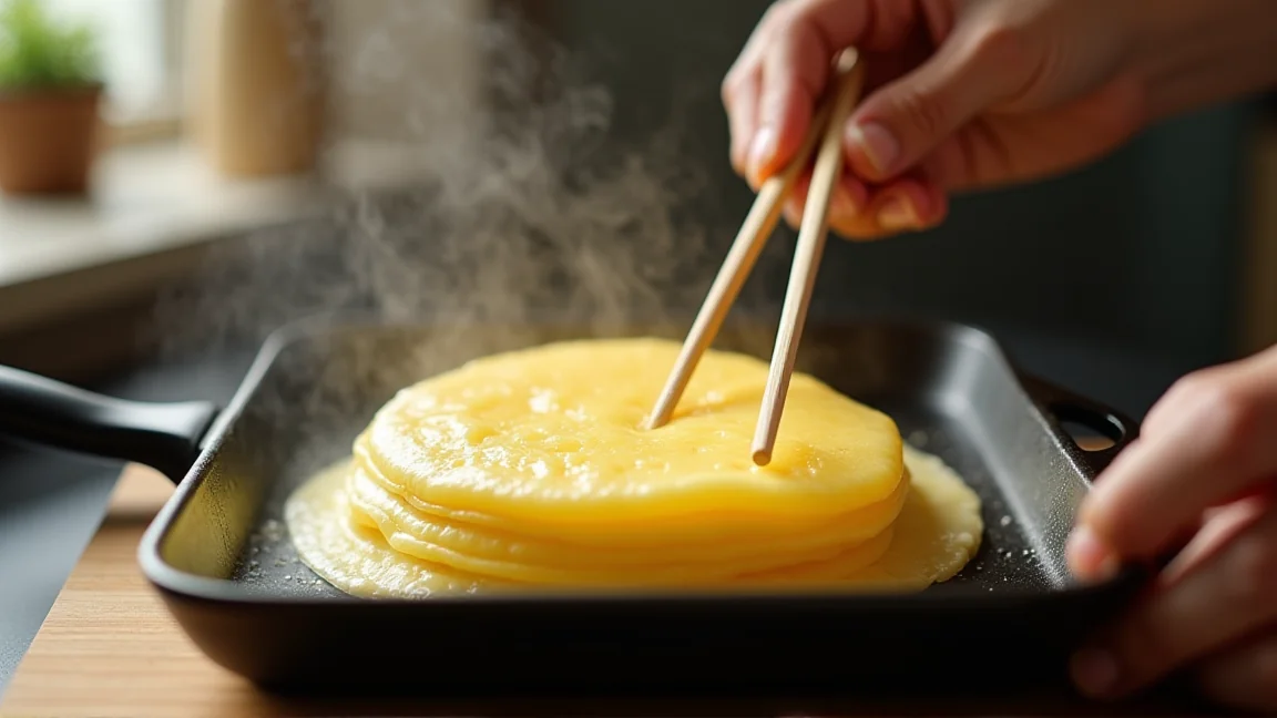 卵焼き器で表面が半熟の卵を奥から手前へ巻いている手元