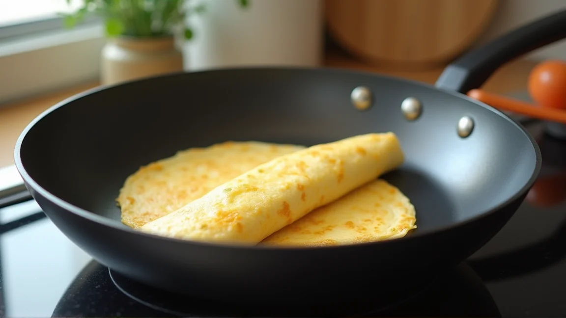 丸いフライパンで左右を折りたたんで作った卵焼き