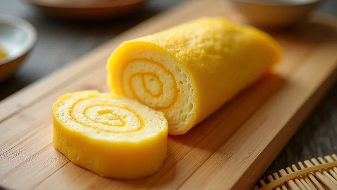 まな板の上で切り分けた卵焼きの断面