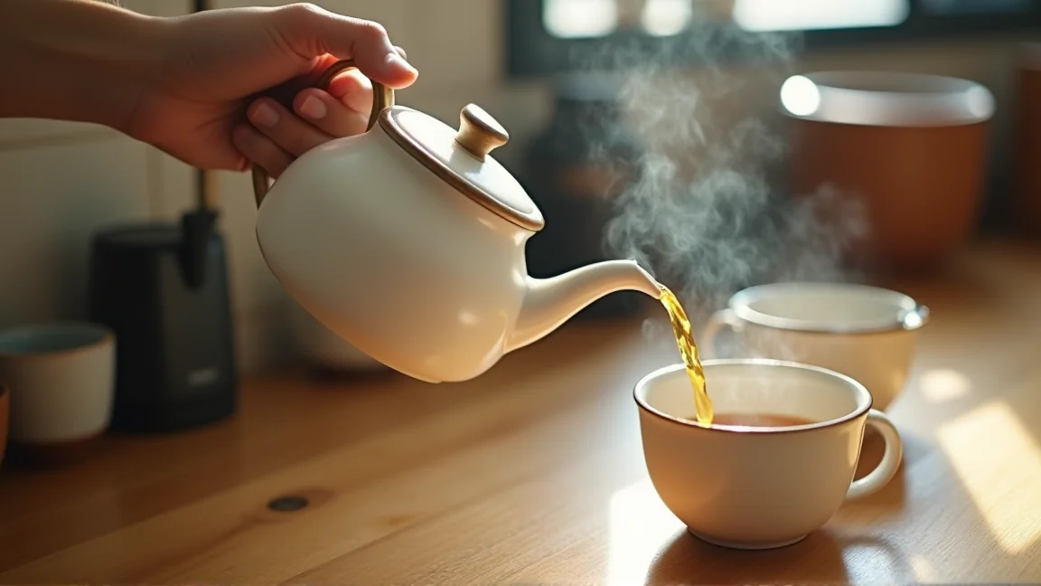 急須から温かい麦茶をマグに注ぐ手元