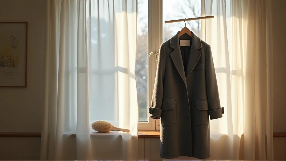 窓辺の日陰でハンガーに掛けて風を通しているコートと洋服ブラシ