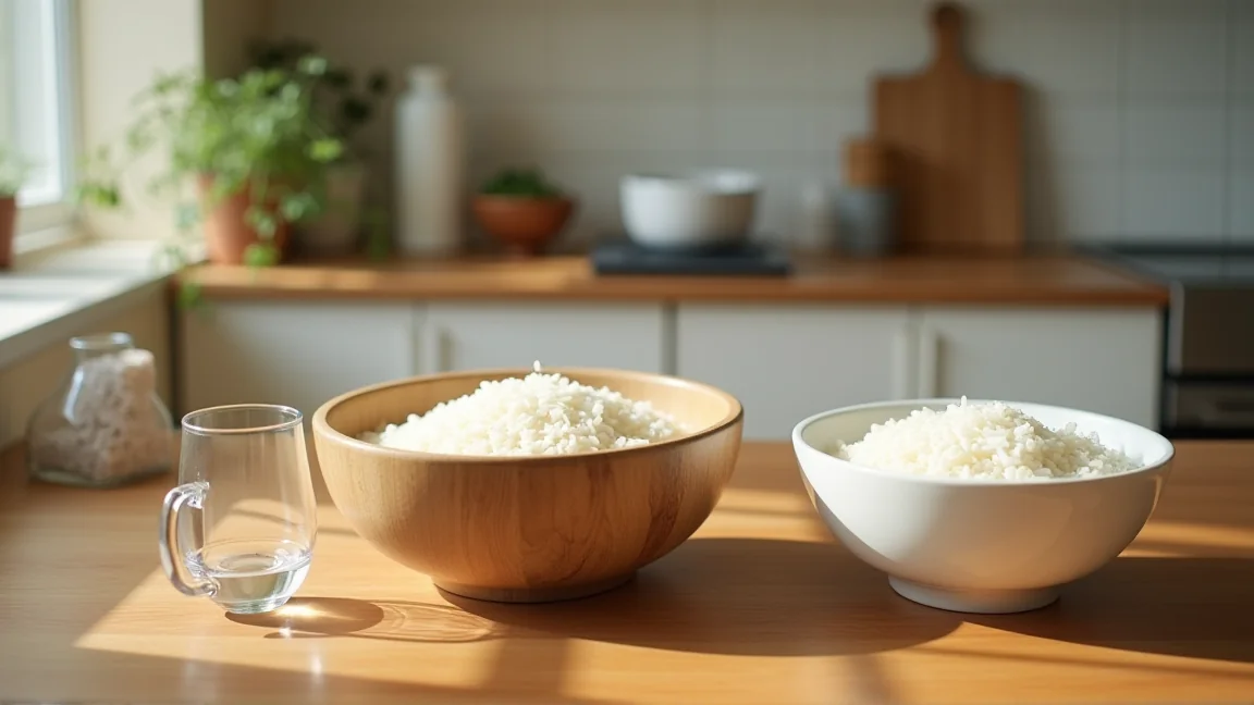 米麹・ご飯・水を量って並べた甘酒の材料
