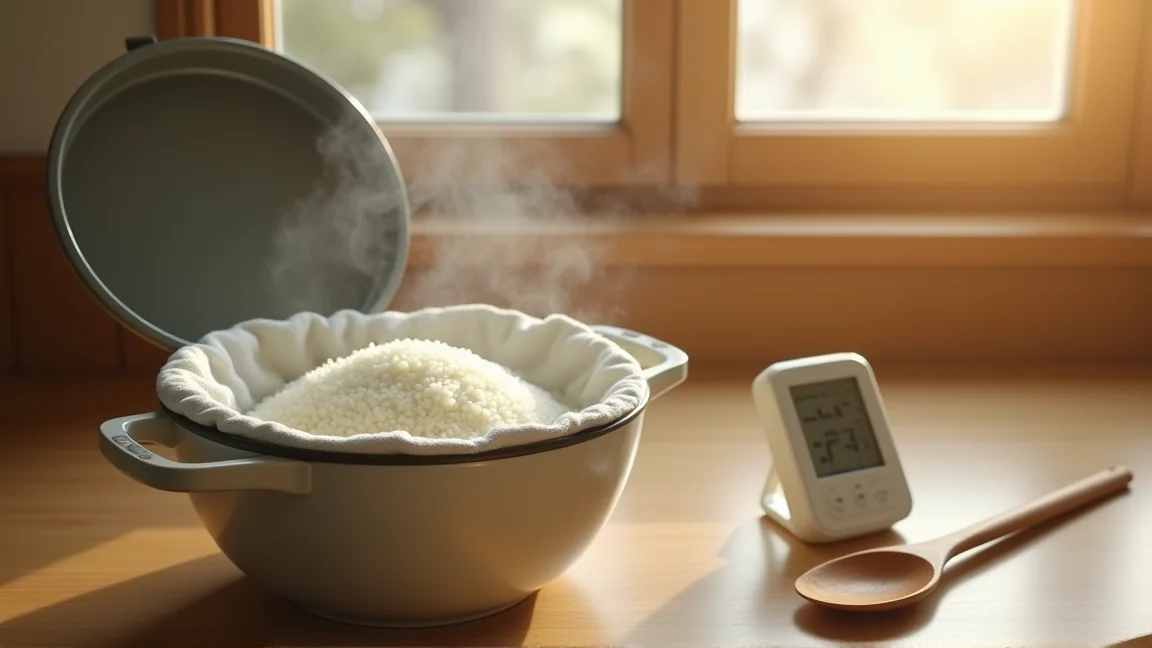 ふたを開けた炊飯器に布巾をかけて保温している様子