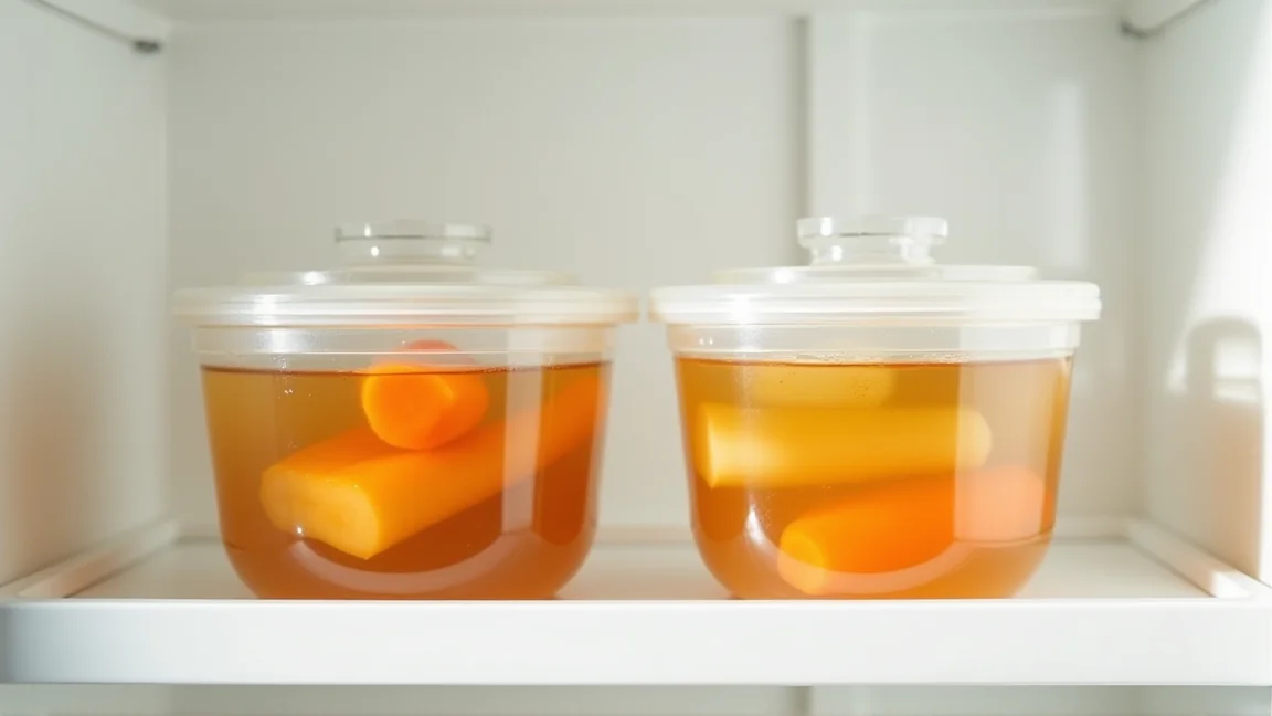 冷蔵庫の棚に並んだ、煮汁ごと保存した煮物の容器