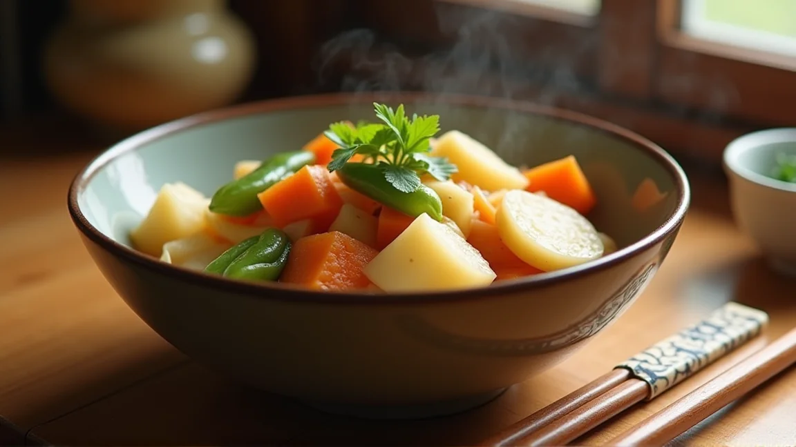 中まで味が染みた大根と里芋の煮物を器に盛った食卓