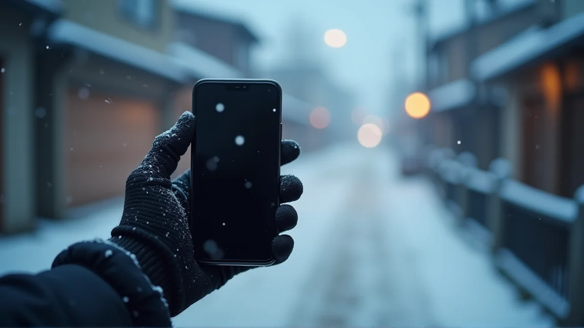 雪の舞う屋外で手に持った画面の消えたスマホ