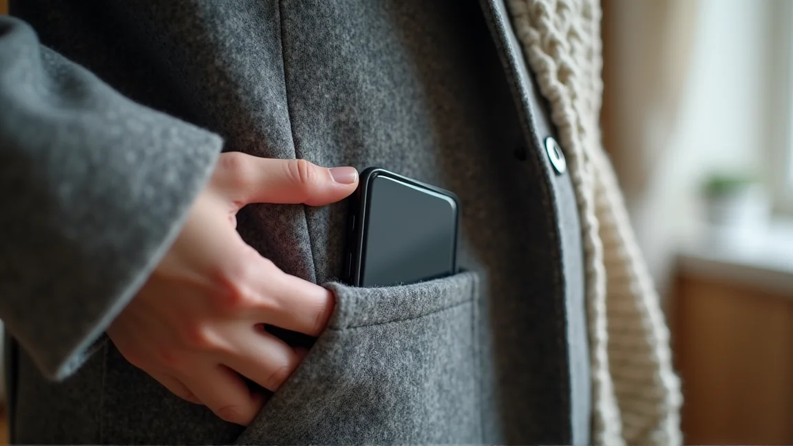 コートの内ポケットにスマホをしまう手元