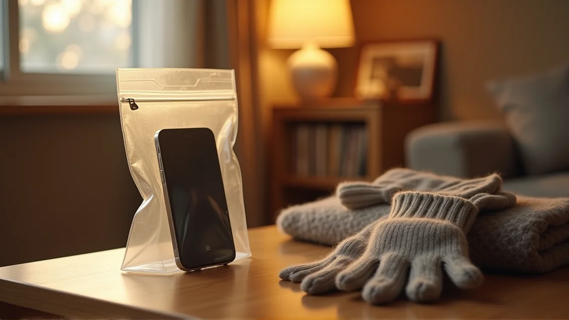 チャック付きの袋に入れたまま室温になじませているスマホ