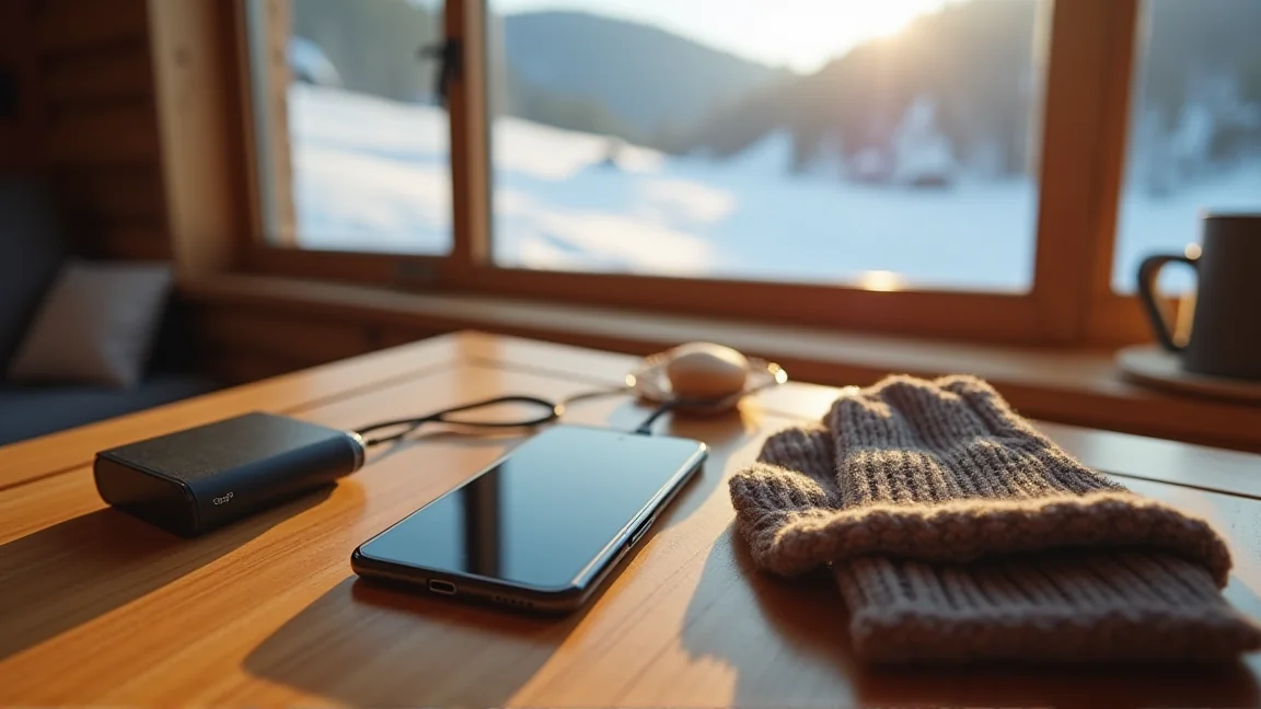 山小屋のテーブルに置いたスマホとモバイルバッテリー