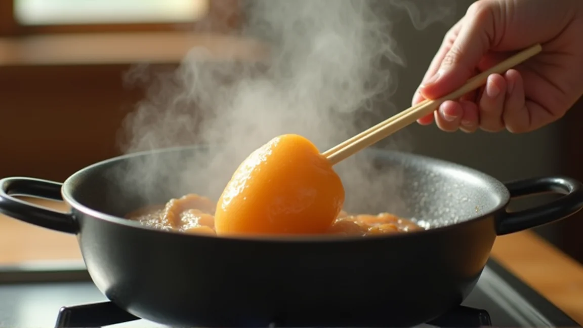鍋の中のさつまいもに竹串を刺して火の通りを確かめる手元