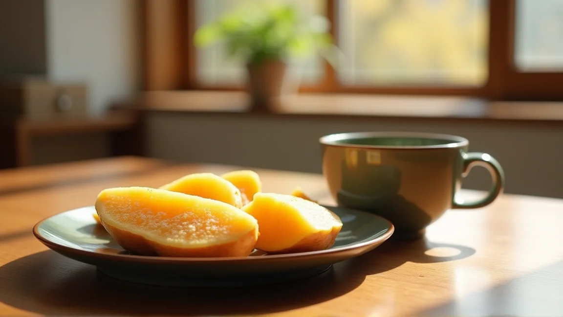 皿に盛ったふかし芋とお茶のある食卓