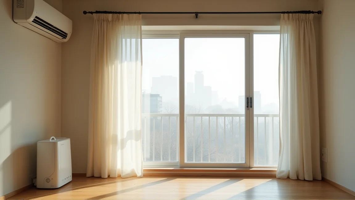 窓とエアコンのある部屋に置かれた加湿器
