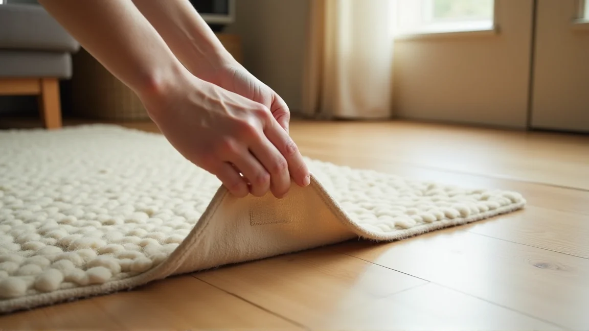 ラグの裏側の洗濯表示タグを確認する手元