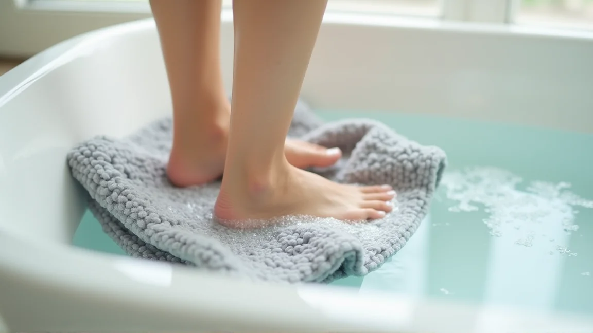 浴槽にためたぬるま湯の中でラグを足で踏み洗いする様子