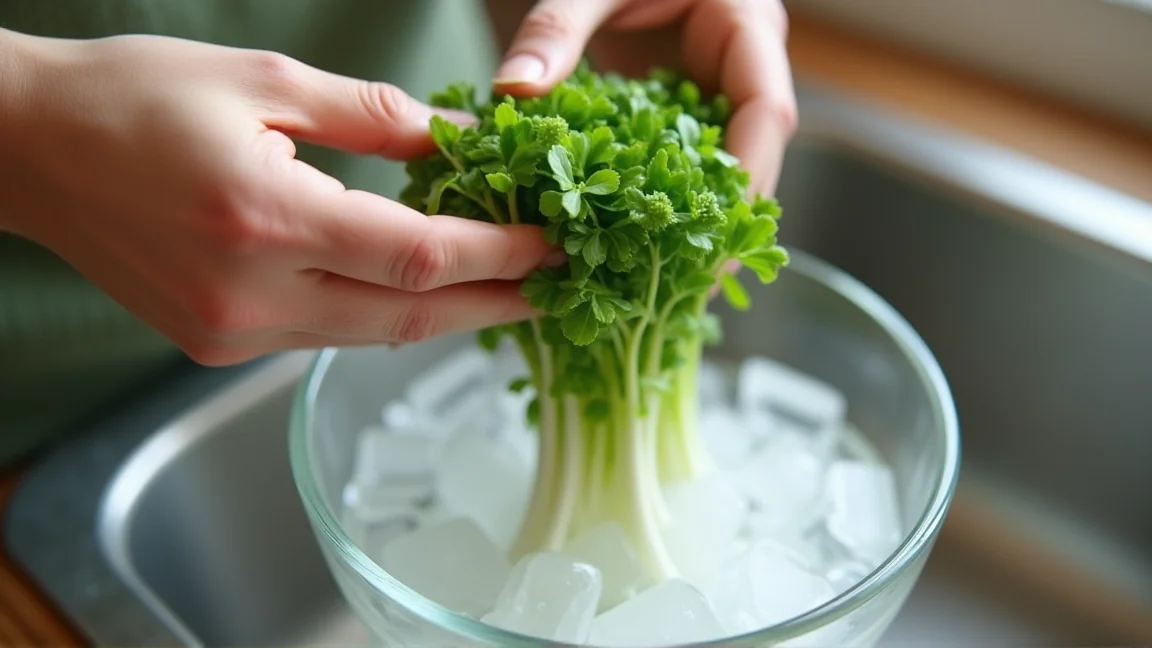 氷を入れた冷水のボウルに水菜を株ごとつける手元