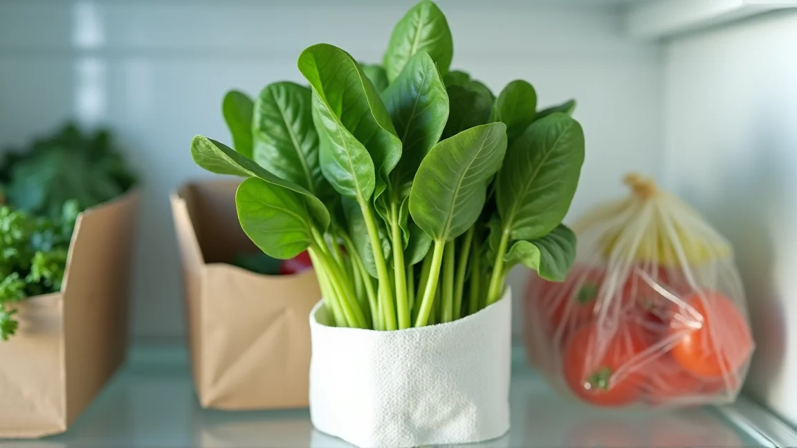 根元をペーパーで包んだ水菜を牛乳パックに立てて野菜室に入れたところ