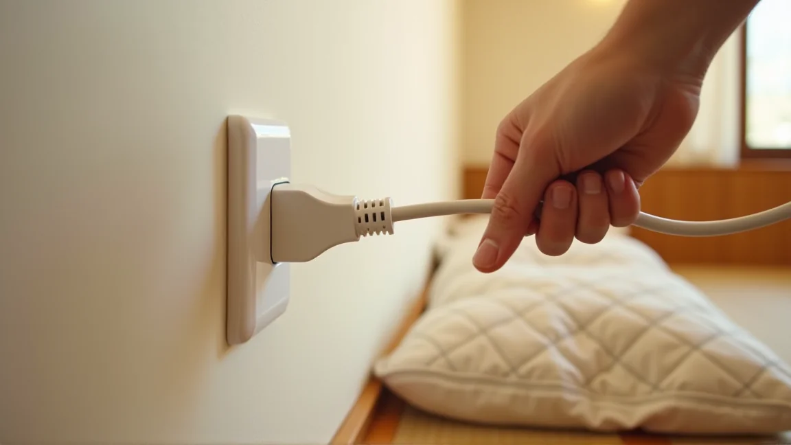 壁のコンセントに差さったこたつの電源プラグを確かめる手元
