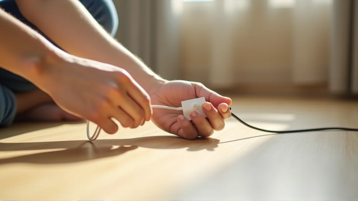 電源プラグを抜いたこたつのコードを目で点検する手元